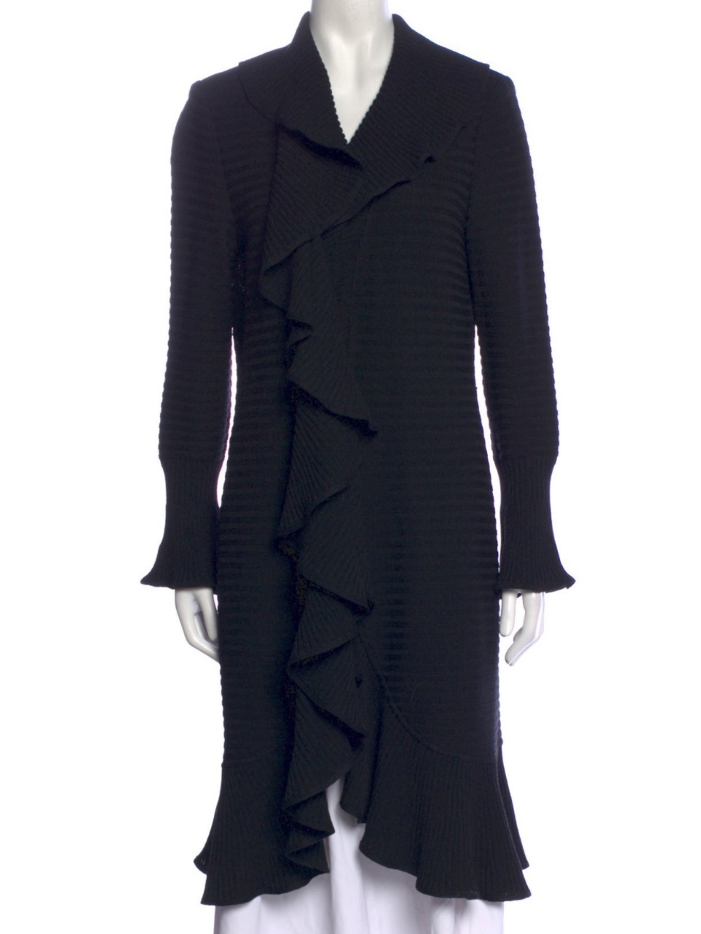 St. John Black Long Ruffle-Front Knit Dress